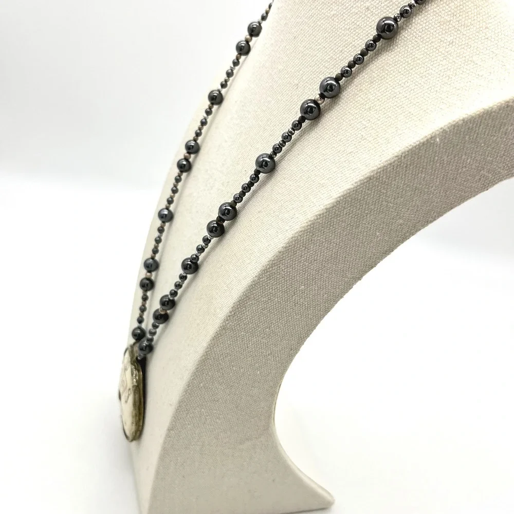 Naga Carved Shell Warrior Pendant Hematite Bead‎ Statement Necklace